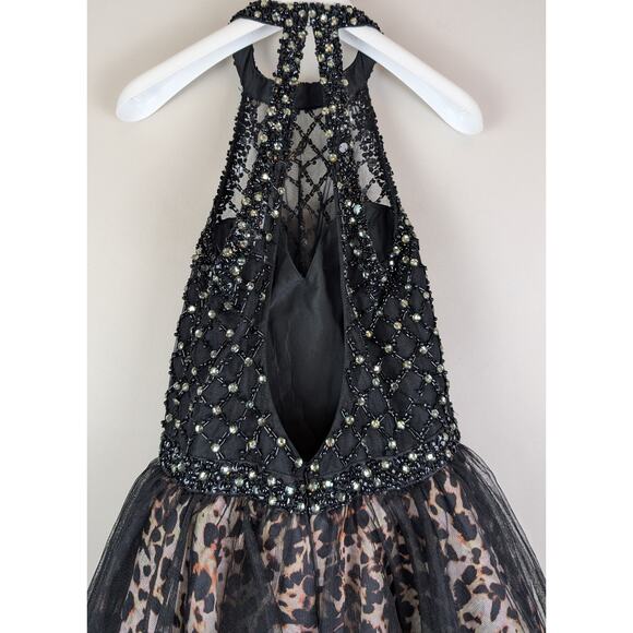 Rachel Allan 4072 Animal Print Beaded Halter Cocktail Prom Dress Tulle Black 8 - Picture 10 of 16